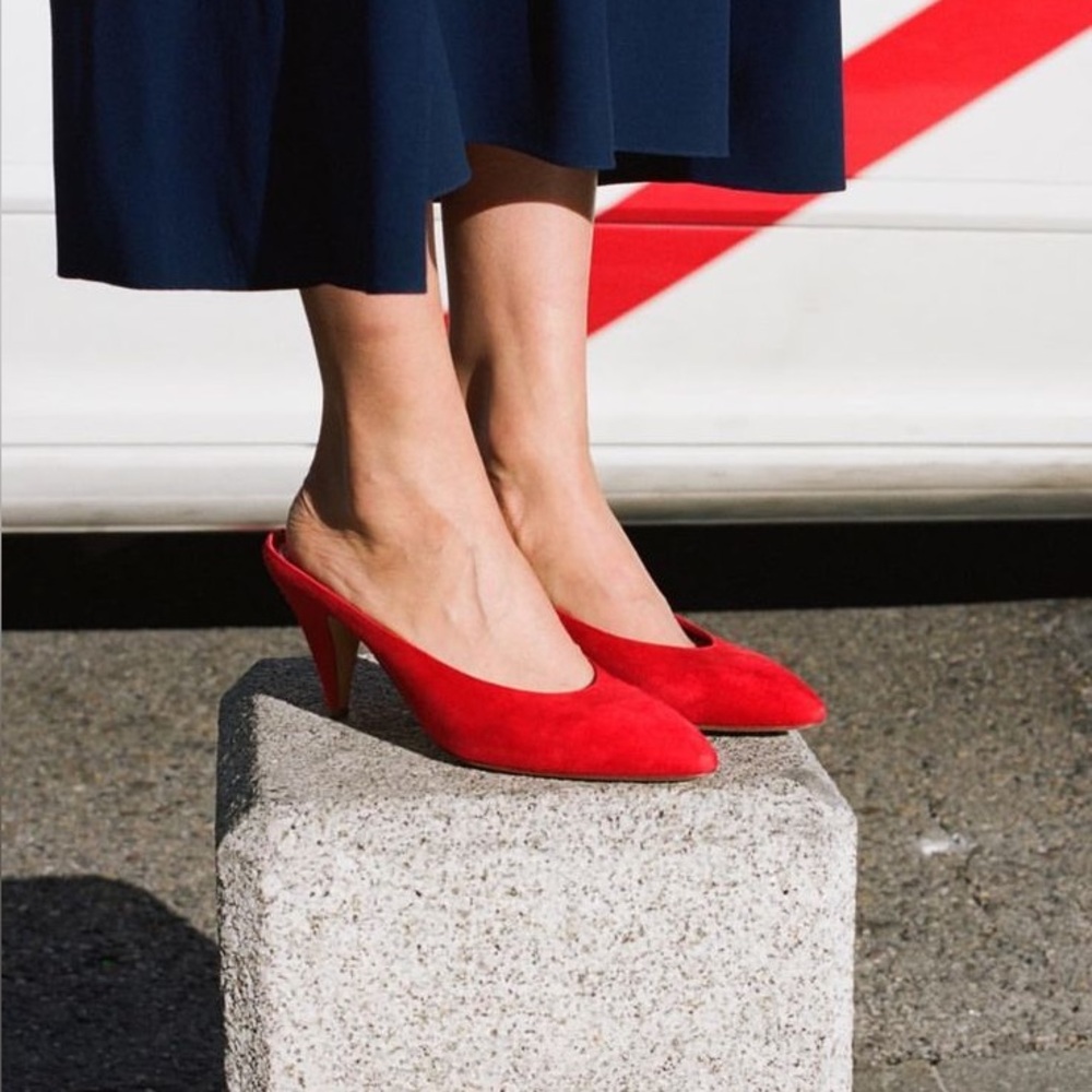 Mansur Gavriel Navy Blue Suede Slipper Heels— Womens 37 - Picture 8 of 9